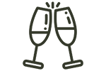 Graphic illustration of two champagne glasses clinking