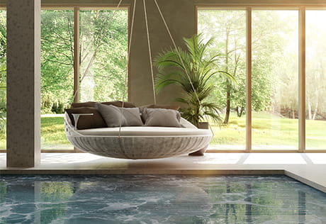 A CGI of the hanging pool chair at The Riverside Club