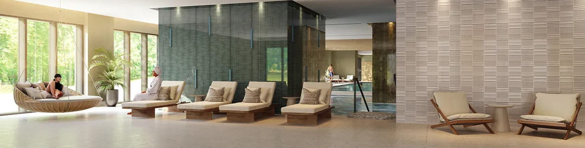 A CGI of the some lounge chairs by the swimming pool area