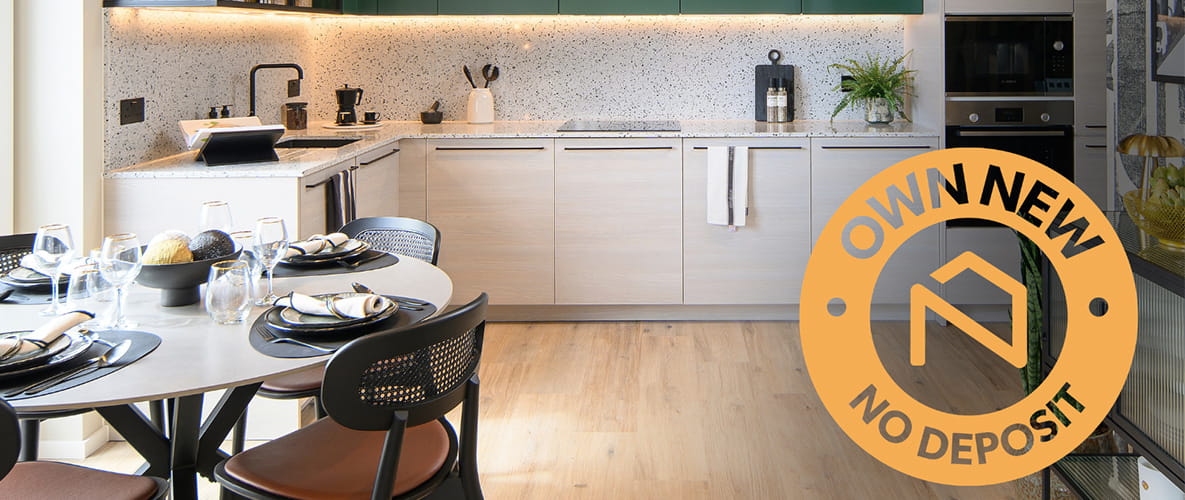 Kitchen / Dining area with moss green and off-white cupboards, modern decorations. An overlay stamp reads 'Own New - No Deposit'.