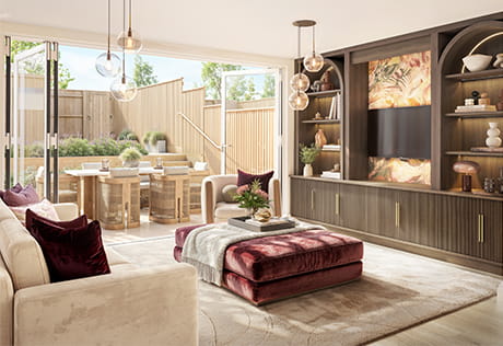 Bright modern lounge with built-in shelving, burgundy ottoman and folding doors opening to a garden dining area.