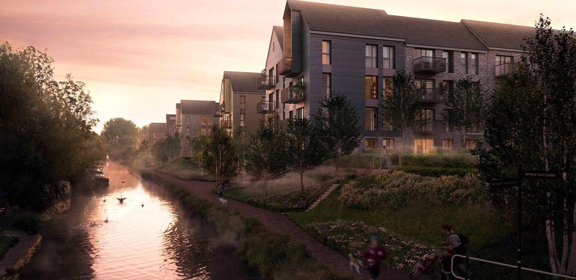An exterior CGI of Hertford Locks along the river at dusk