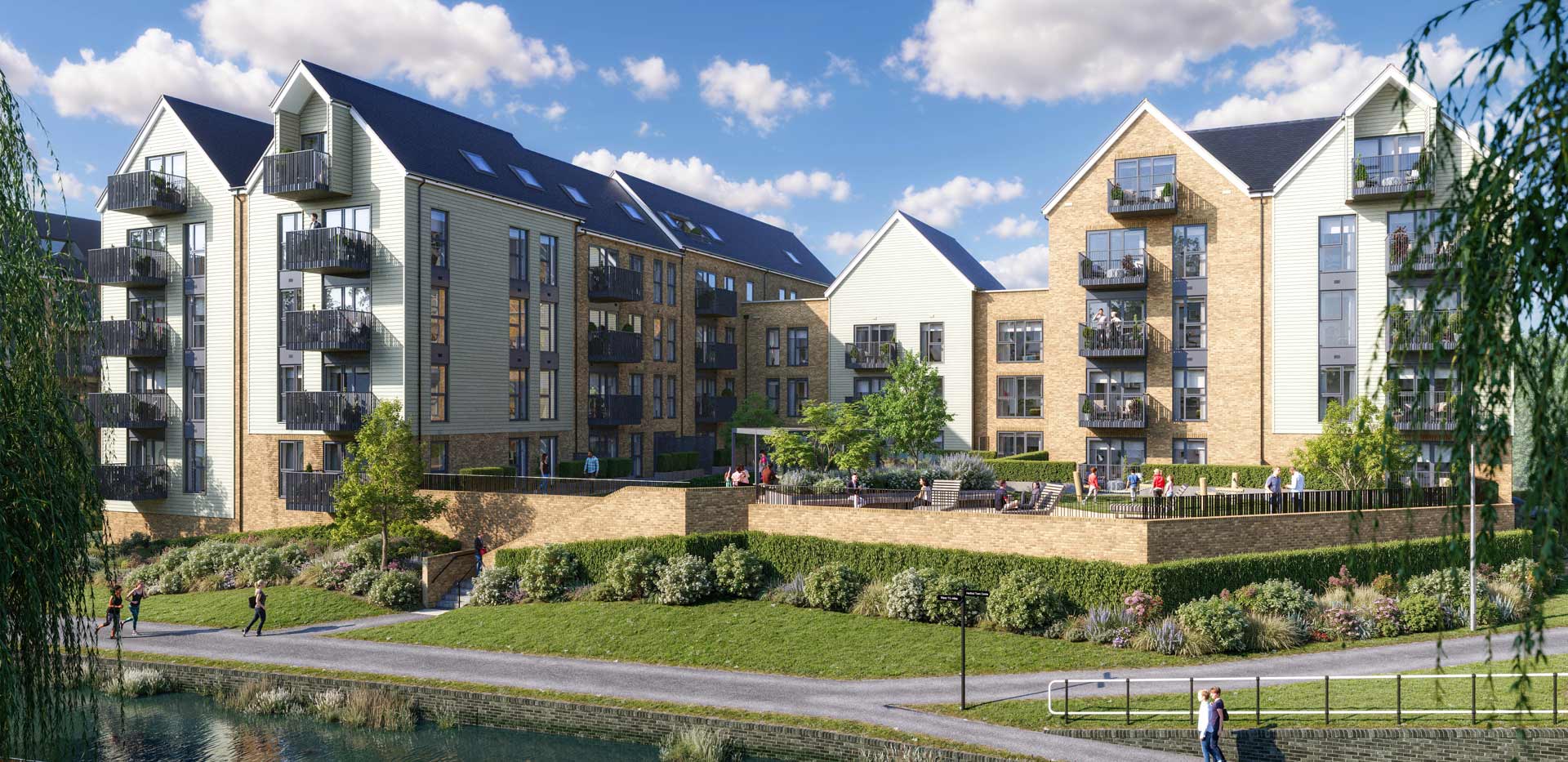 CGI of new build development building alongside canal