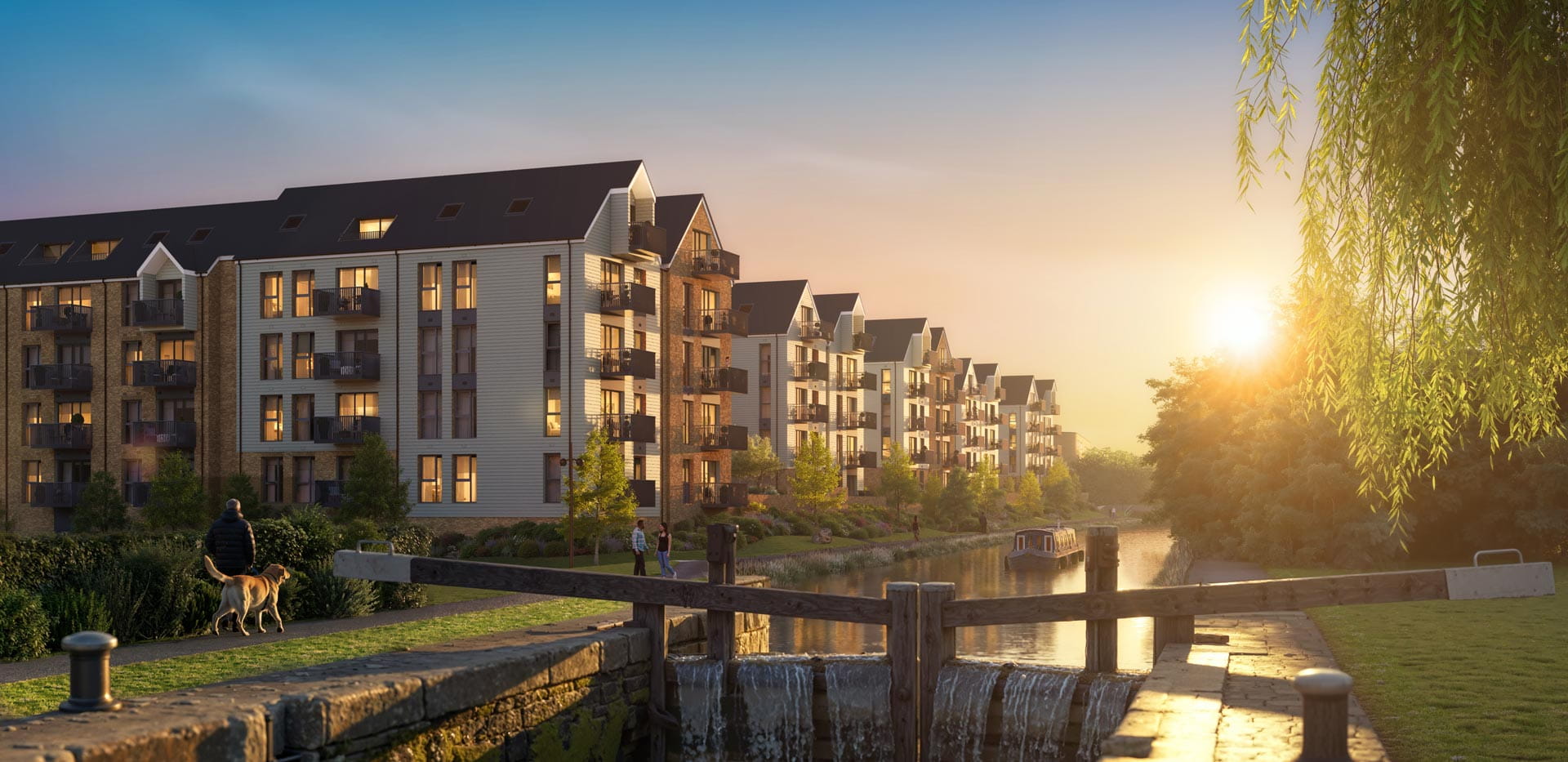 CGI of new build development building alongside canal