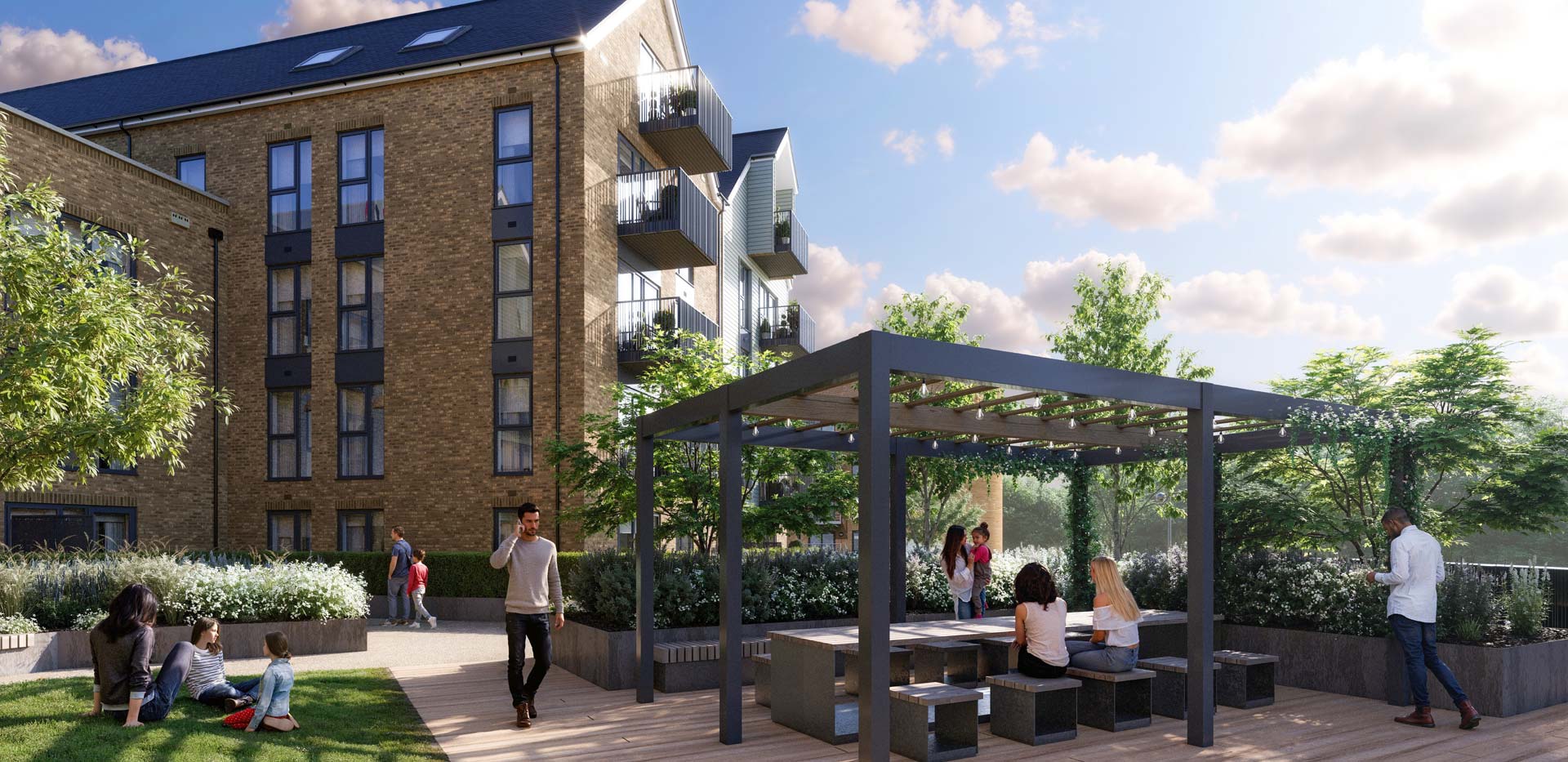 CGI of new build development building and outdoor seating bench area
