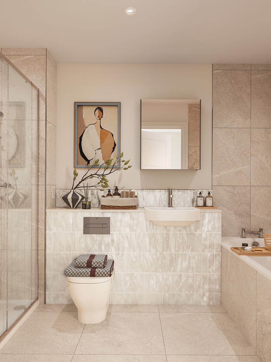 Hertford Locks, spacious townhouse, bathroom with a light, marbled design