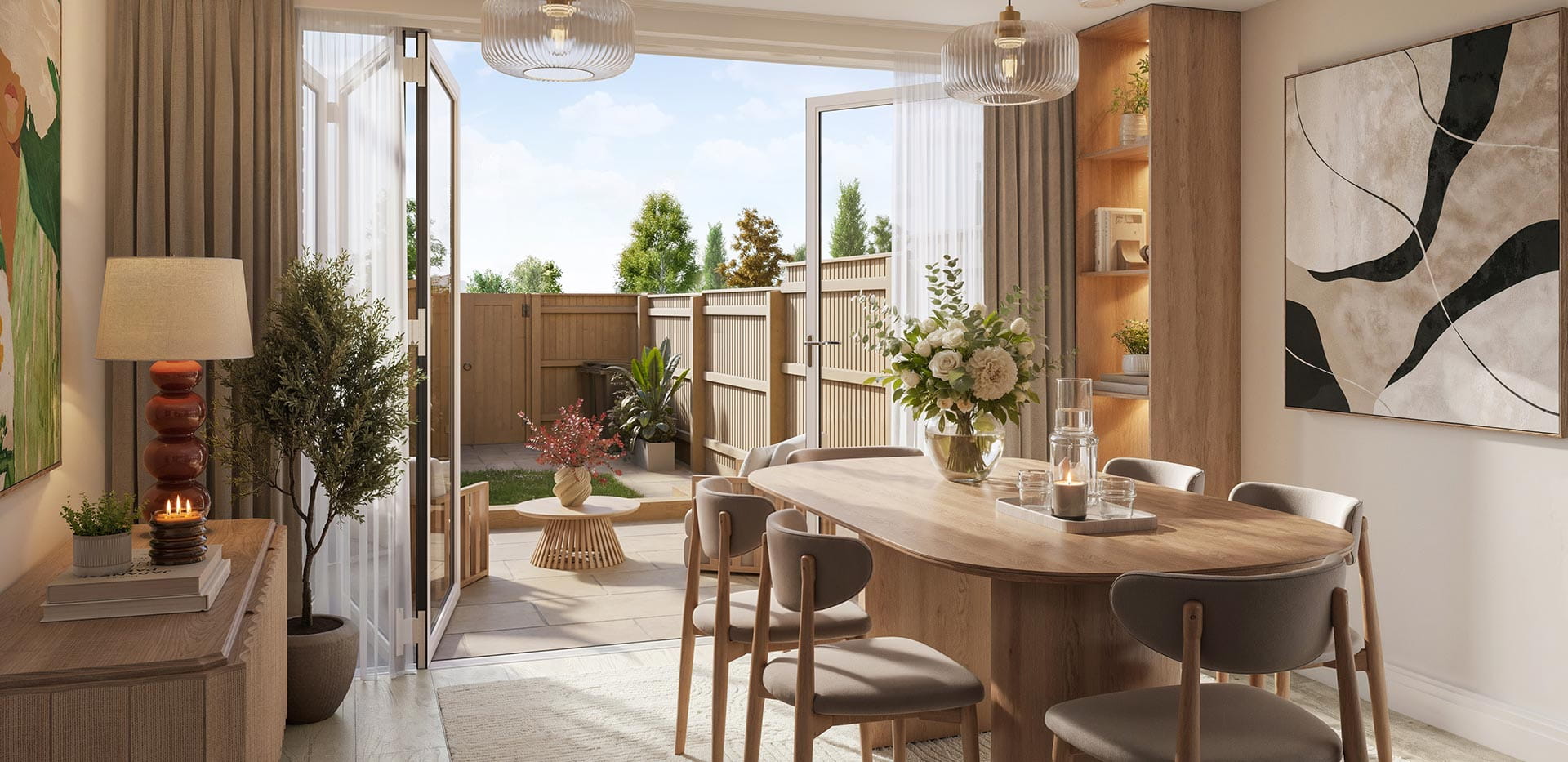 Hertford Locks, spacious townhouse, dining space with double doors to the garden