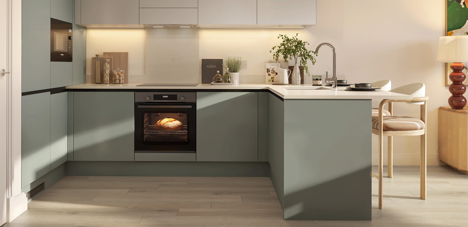 Hertford Locks, spacious townhouse, L-shaped kitchen with a teal design