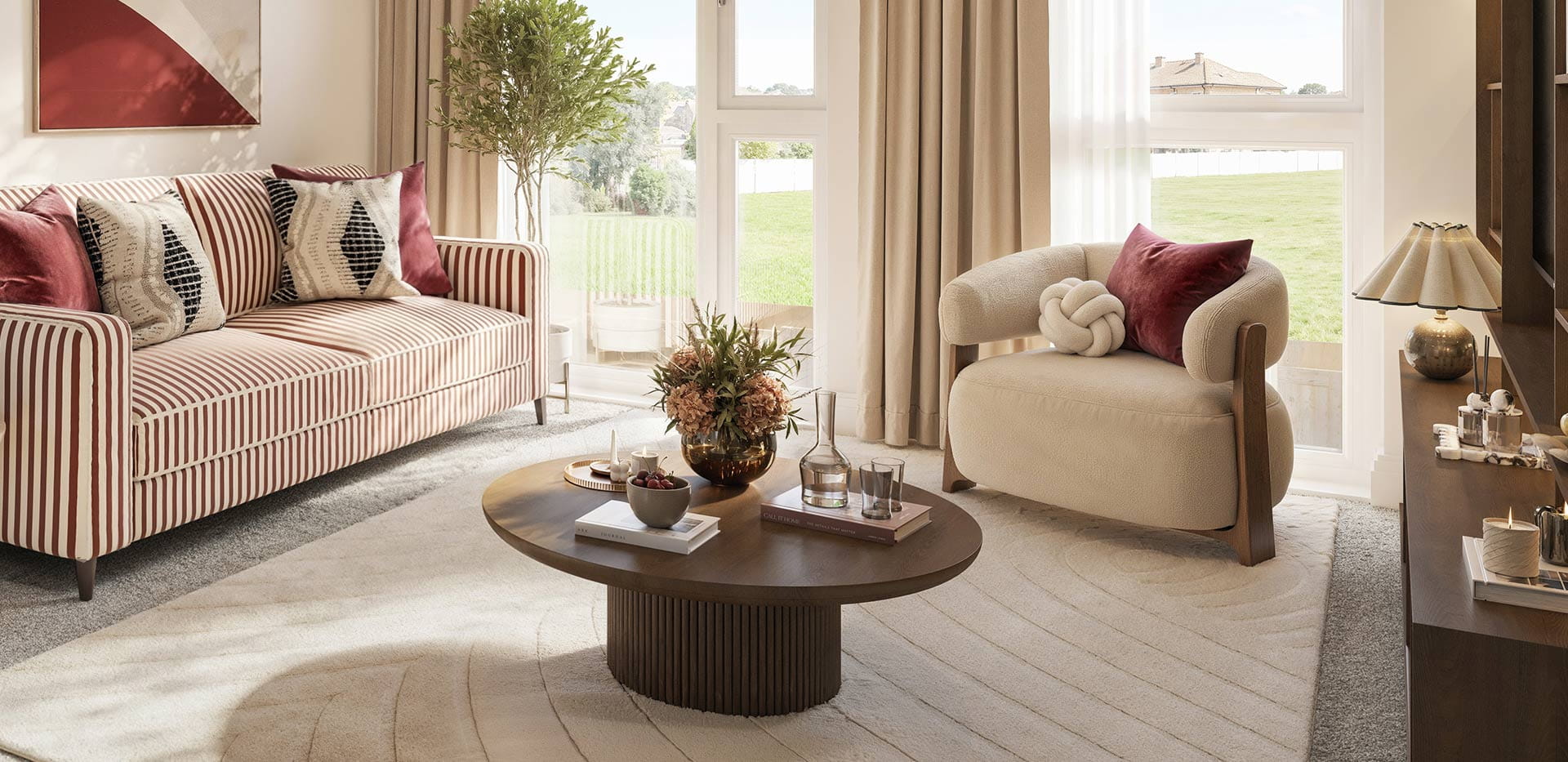 Hertford Locks, spacious townhouse, large living area with beautifully curated design