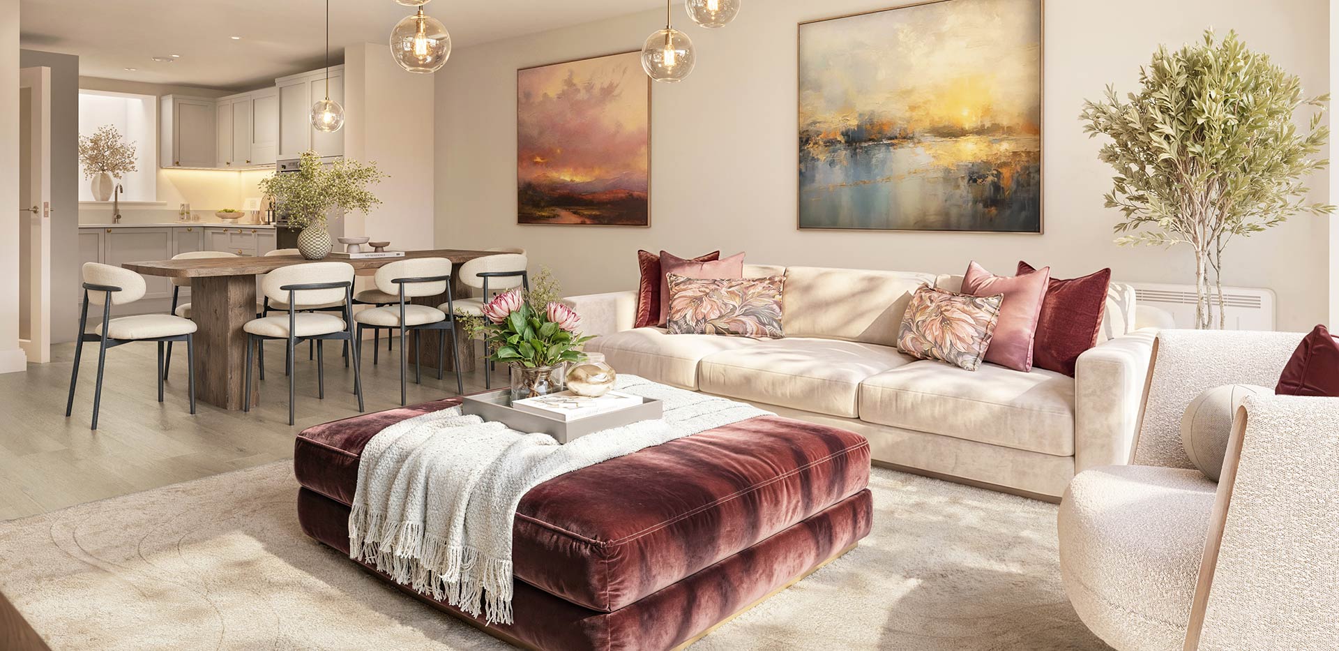 Hertford Locks, spacious townhouse, large living area with beautifully curated design
