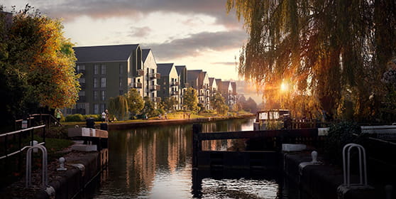 An exterior CGI of the Hertford Locks development at dusk