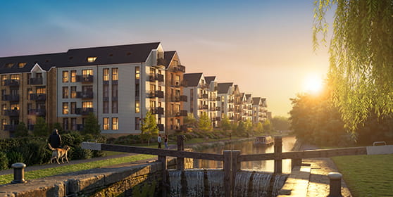 A exterior CGI of the Hertford Locks development at dusk