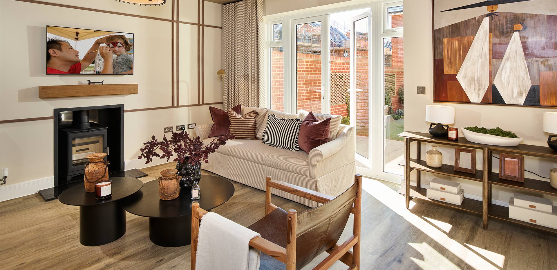 An Interior image of the family area with a view into the Garden