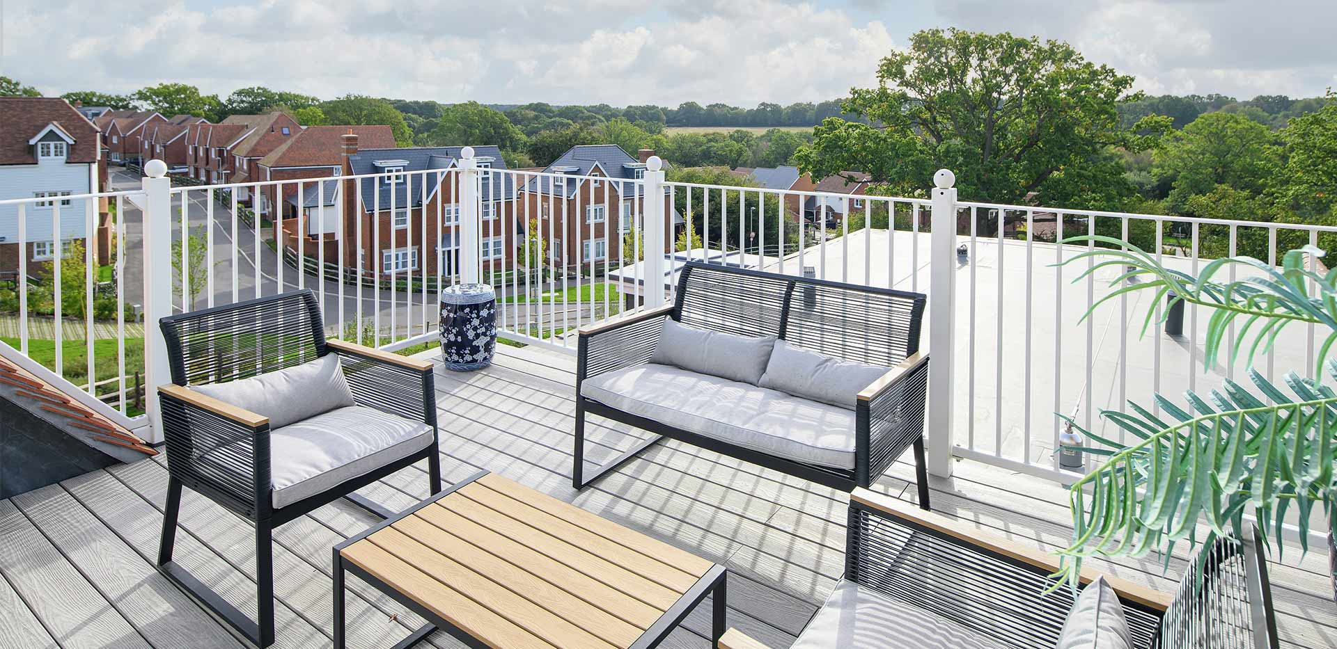 Hollyfields two bedroom apartment terrace with views of the development