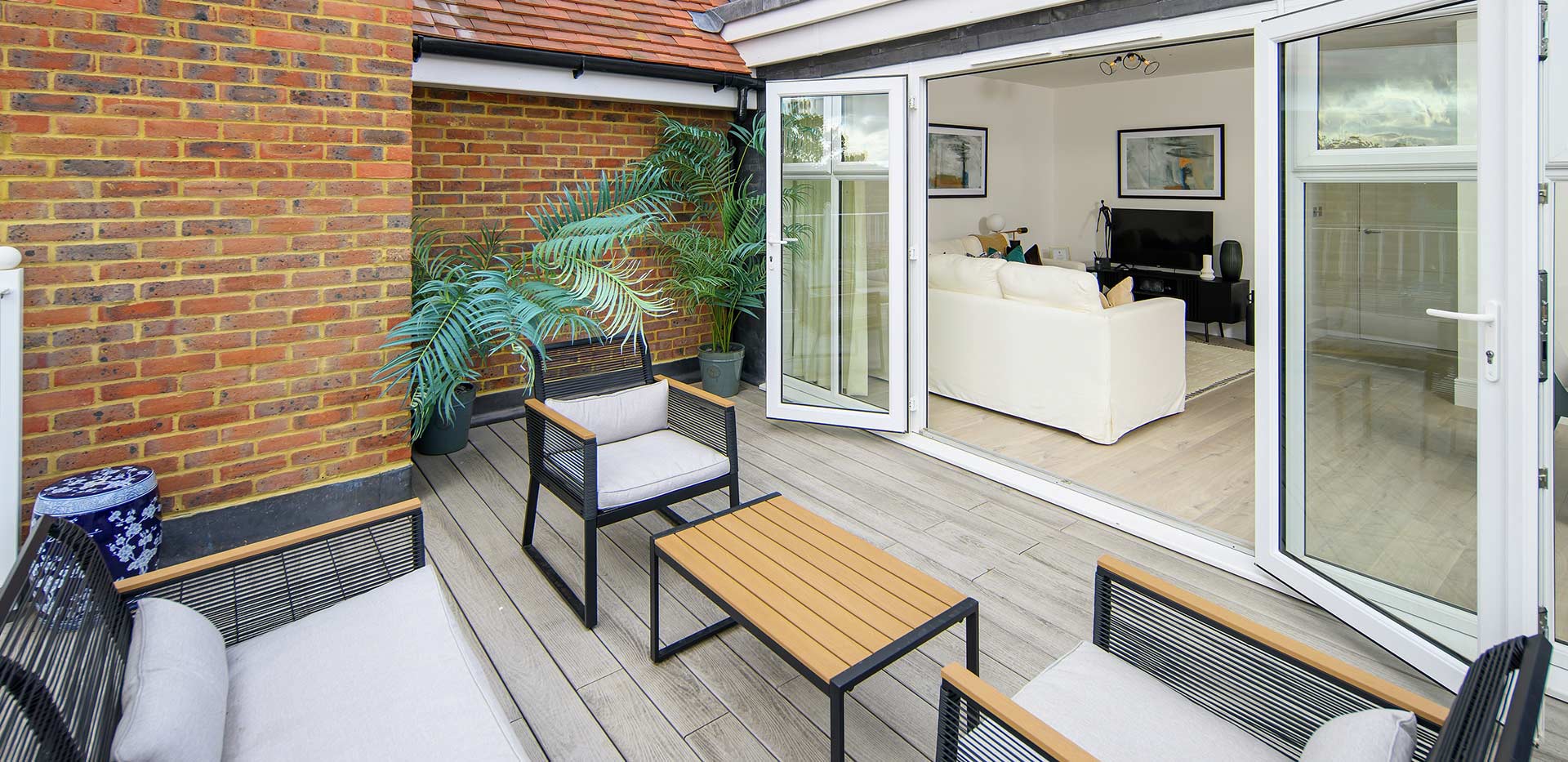 Hollyfields two bedroom apartment terrace with views of the development