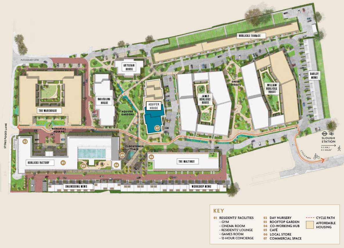 Site Plan of Horlicks Quarter highlighting Aquifer House phase