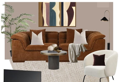 A graphic illustration cartoon-style, with sofa and armchair, wall hanging, indoor plant and coffee table on display.