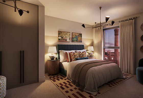 Horlicks Quarter - Spacious bedroom with cosy lighting and stunning views