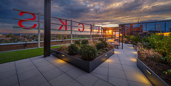 An exterior Rooftop image of Horlicks Quarter at Dusk