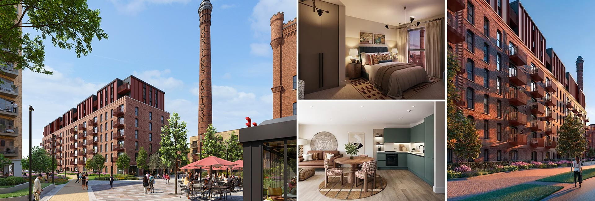 A montage of CGIs of Horlicks Quarter, The Maltings