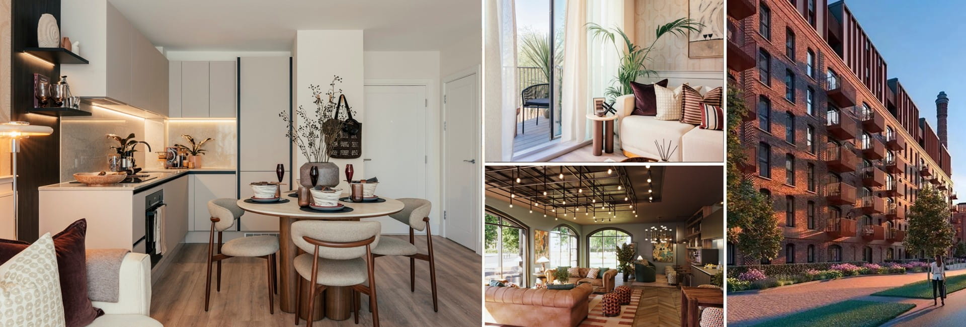 Montage of images for The Maltings Phase: Living Dining Kitchen space, balcony, lounge, exterior façade