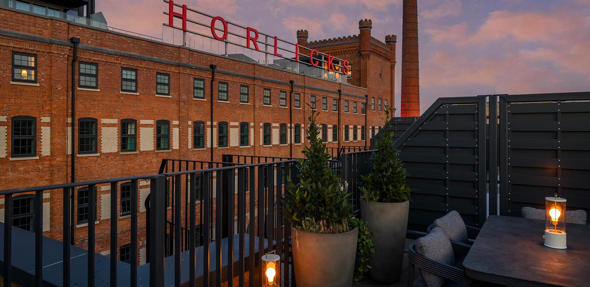 An exterior image of Horlicks Quarters from a terrace view