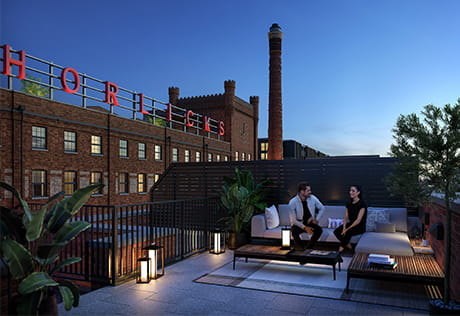 Exterior image of courtyard gardens at Horlicks Quarter