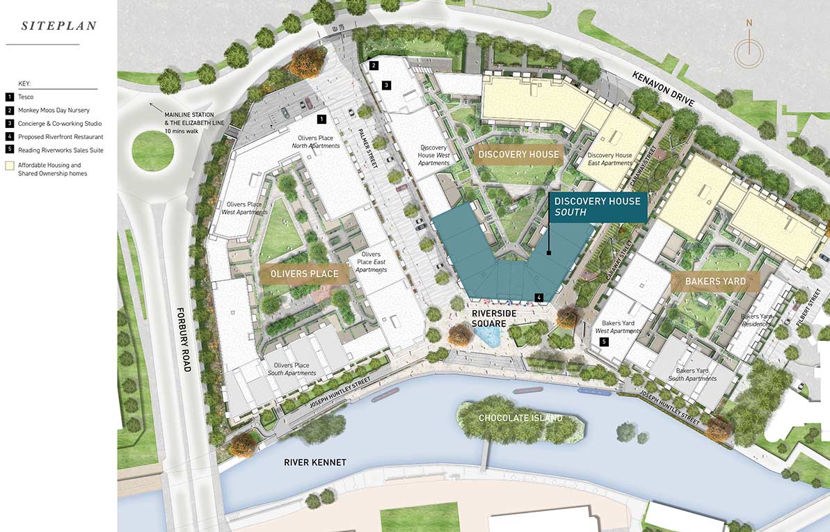 An illustration to the Huntley Wharf development with labels and key