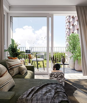 Image of interior bedroom looking out of balcony window