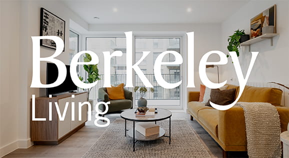 Large font that reads 'Berkeley Living' with a modern designed living space in the background