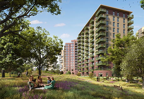 CGI of people sitting in a park with new build block of flats in background