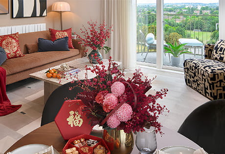Interior living area with Chinese Lunar New Year decorations at Kidbrooke Village