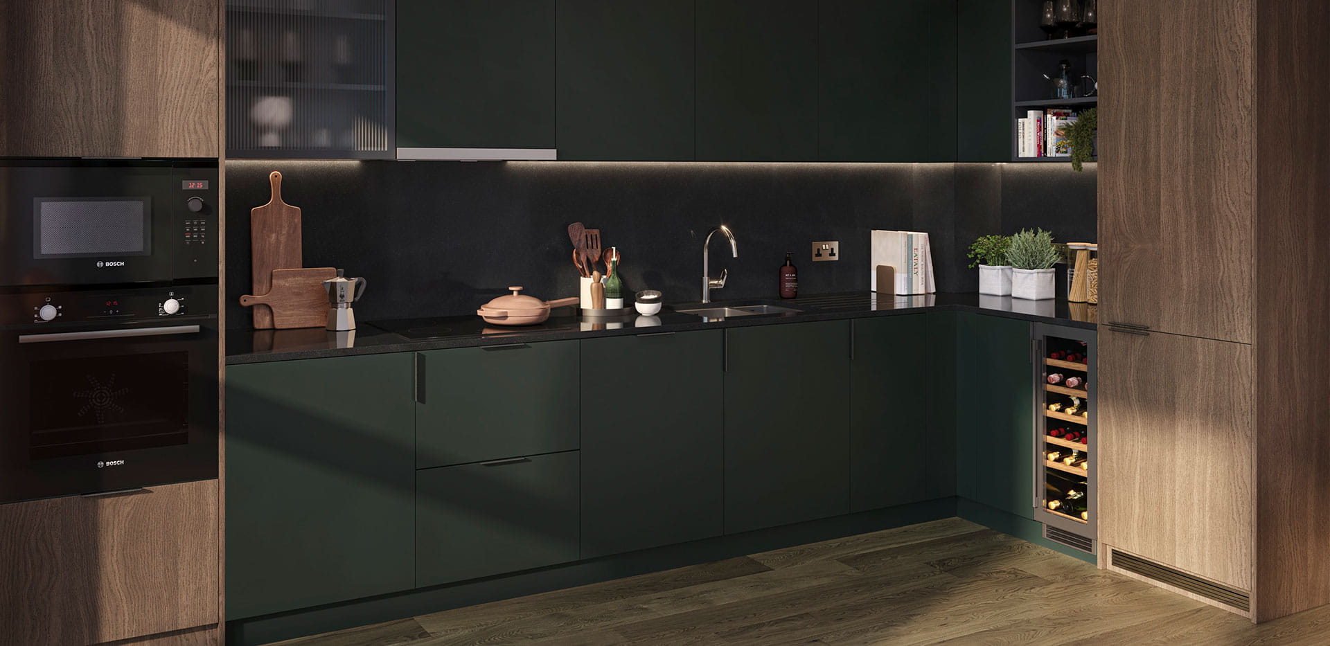 Interior kitchen image with a dark green theme at Skyview Gardens