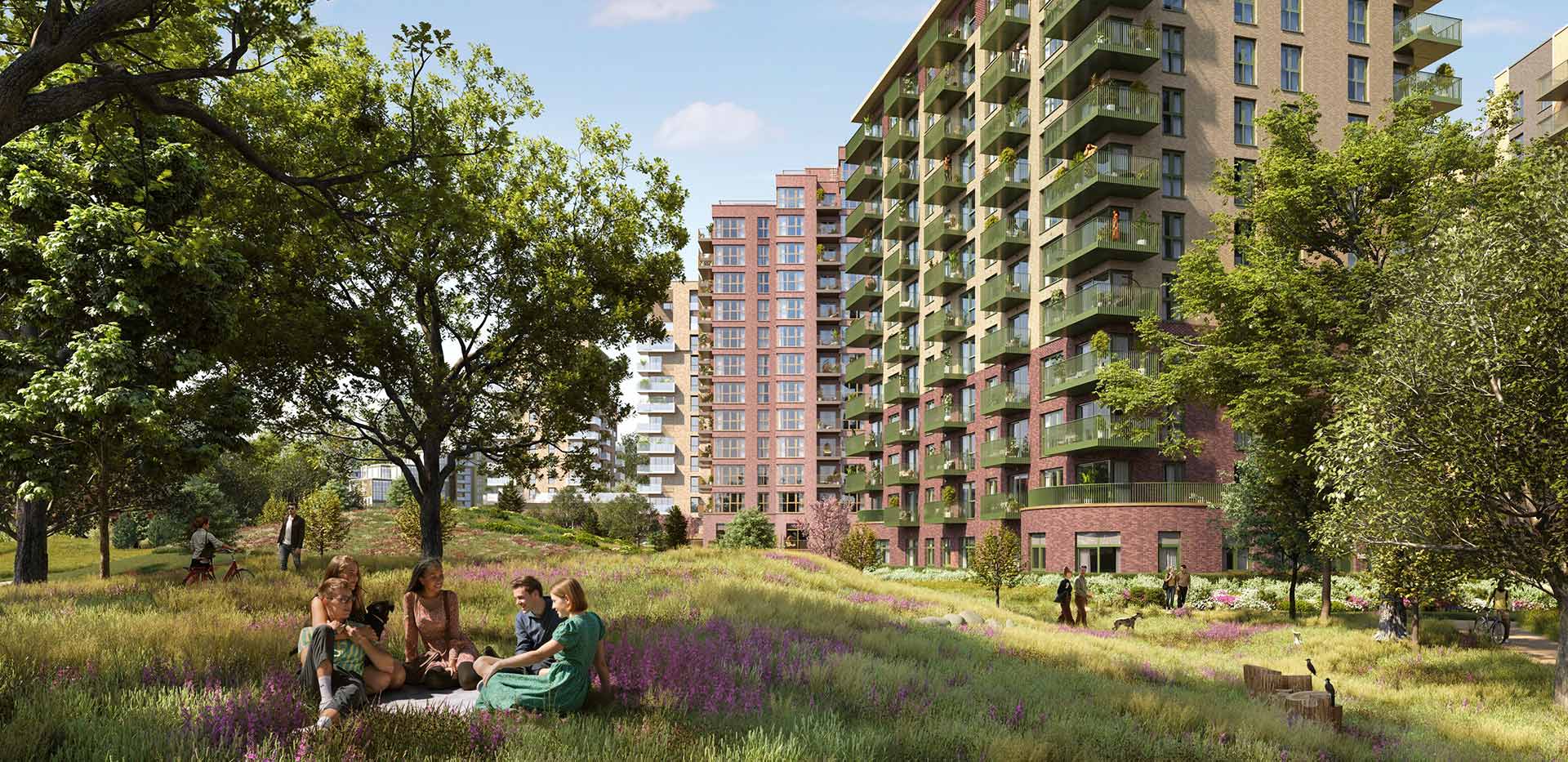 Exterior image of Skyview Gardens, with residents enjoying the open green space