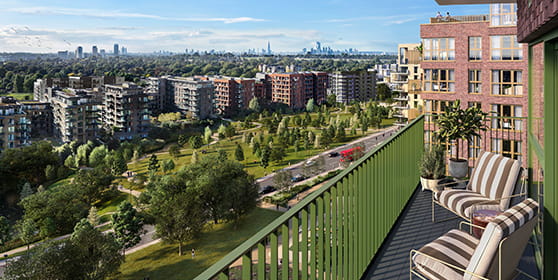 An exterior balcony shot of Greenwich from a showhome at Kidbrooke Village