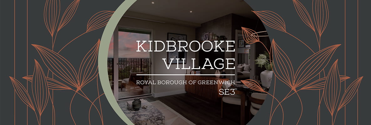 Illustrative graphic artwork for Kidbrooke Village Development against a background of a modern designed living space.