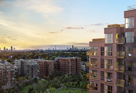 CGI of development viewed from high elevation showing city and greenery view.