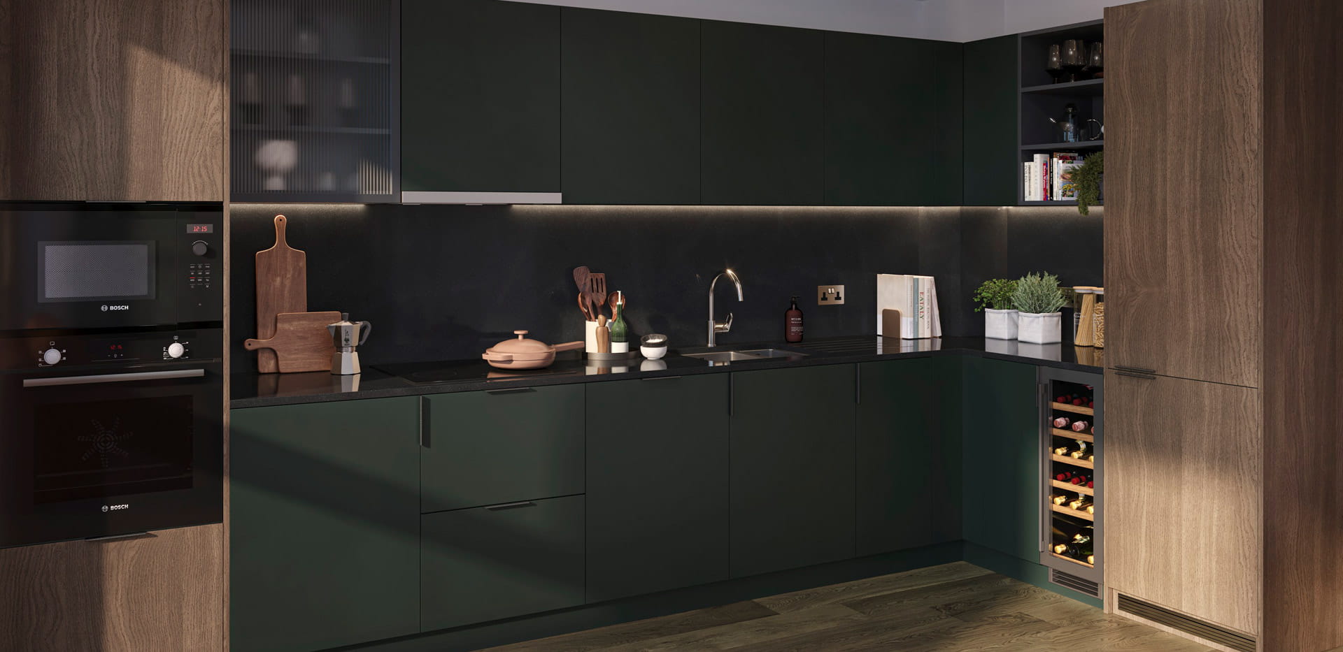 Kitchen with wine fridge, built-in appliances, decorated in dark slate and brown colours.