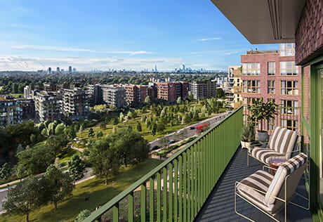 An exterior CGI view of Kidbrooke Village from a balcony at Lily Residences