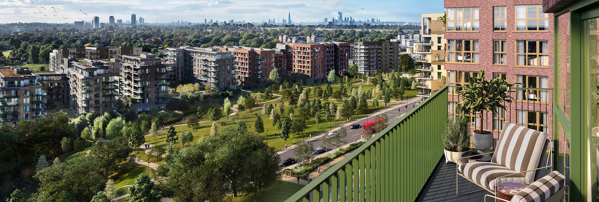 An exterior CGI view of Kidbrooke Village from a balcony at Lily Residences