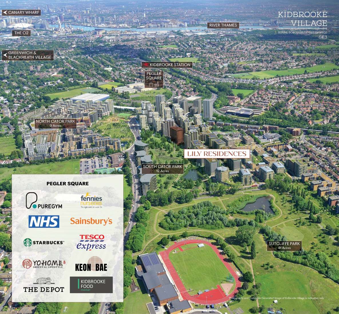 An aerial view of the Kidbrooke Village development with labels