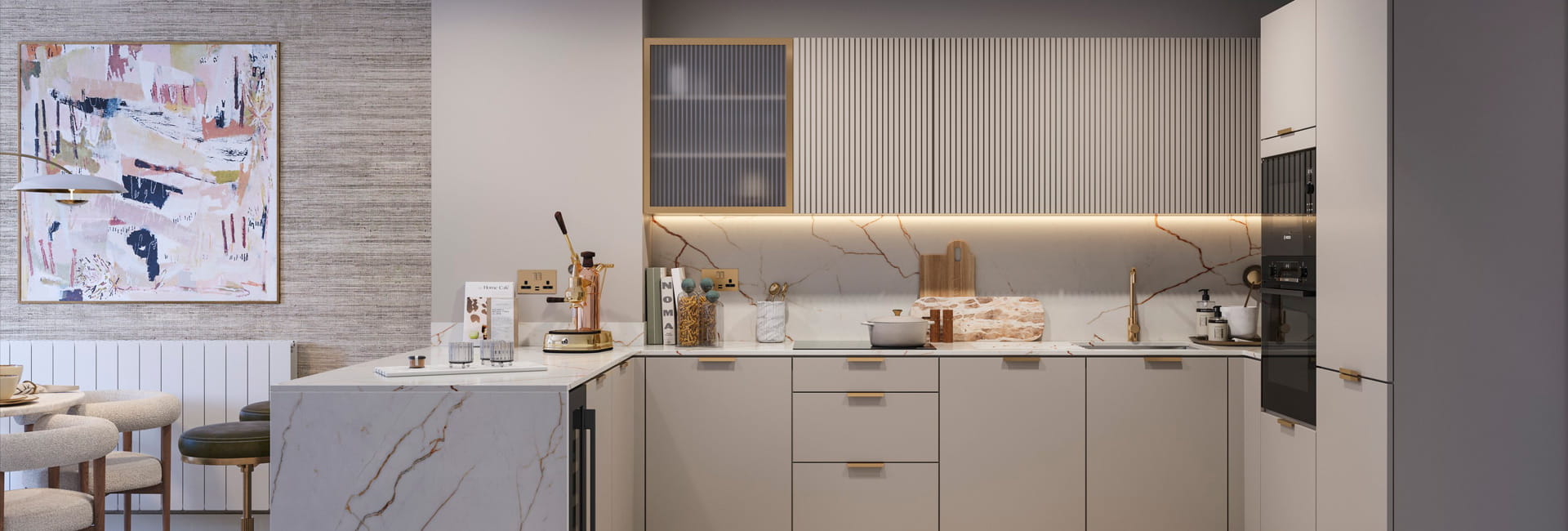 kitchen with beige cupboards and panels, white countertops.
