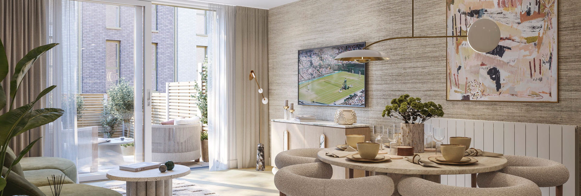 Modern designed and decorated living room dining area.