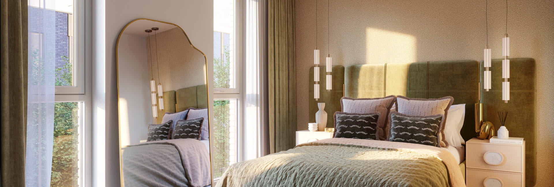 Double bed, designer lighting, large standing mirror.