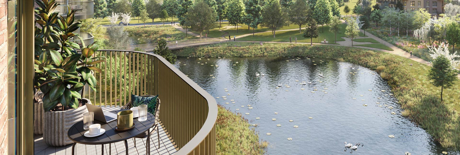 CGI of exterior water body (lake or pond) amongst landscaped green area from balcony view above.