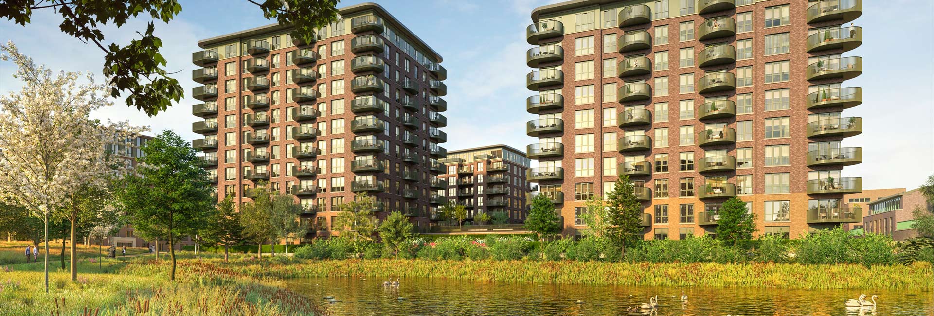 CGI of exterior water body (lake or pond) amongst landscaped green area with new build apartment blocks in background.