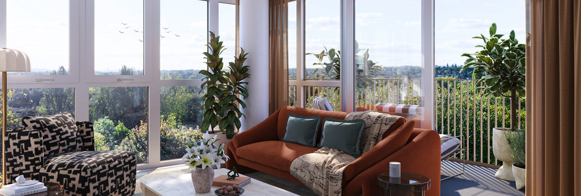 Living space with sofa and coffee table adjacent to balcony doors, wrap-around windows for ample natural lighting.