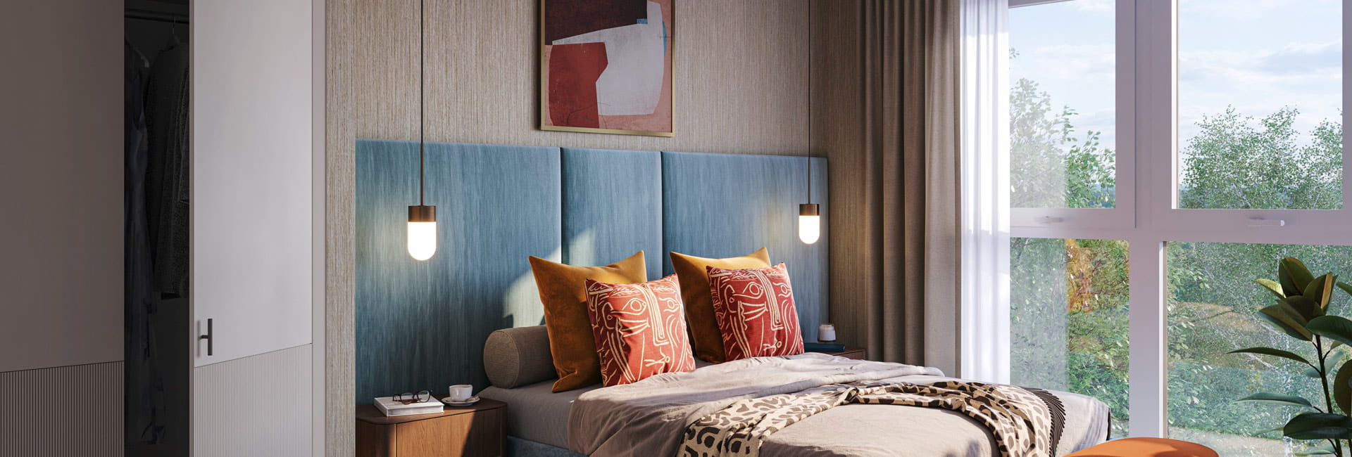 Double bed with modern design, blue headboard and wide windows for ample natural lighting.