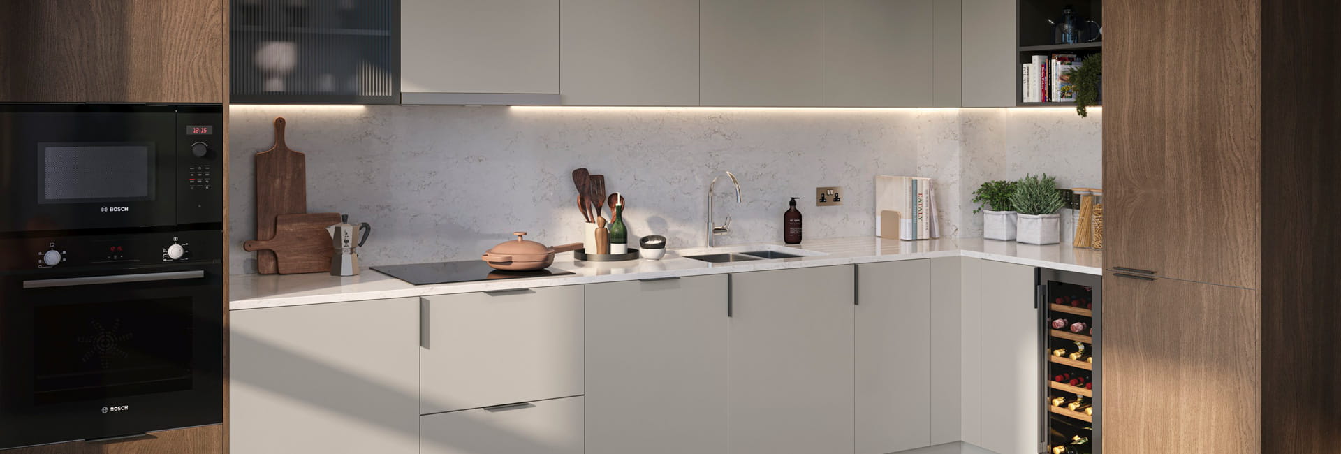 Kitchen, wood texture brown and cream-white cupboard panels and white countertops, modern appliances.