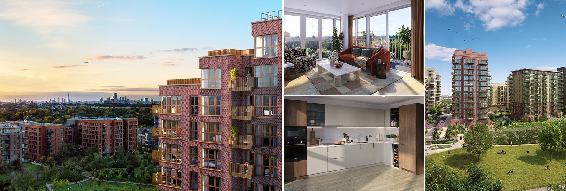 A montage of CGI images of Skyview Gardens at Kidbrooke Village